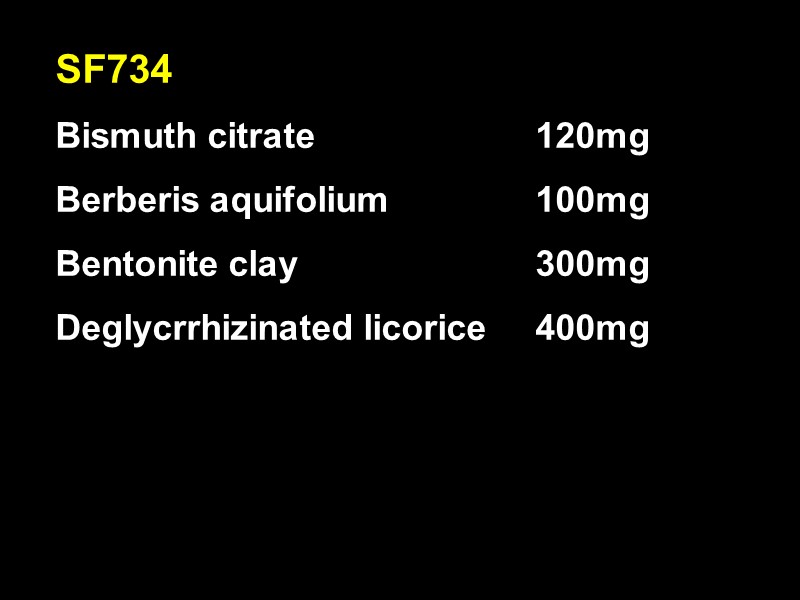 SF734 Bismuth citrate   120mg Berberis aquifolium  100mg Bentonite clay  